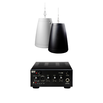High Ceiling 70V Audio Kit – 3x 4" Pendant Speaker w/ 50W Commercial Amplifier, Black or White